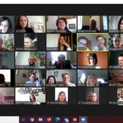 Zrzut ekranu z komounikatora zoom, przedstawiający zdjęcia uczestników spotkania online w sprawie standaryzacji usług i placówek PSONI
